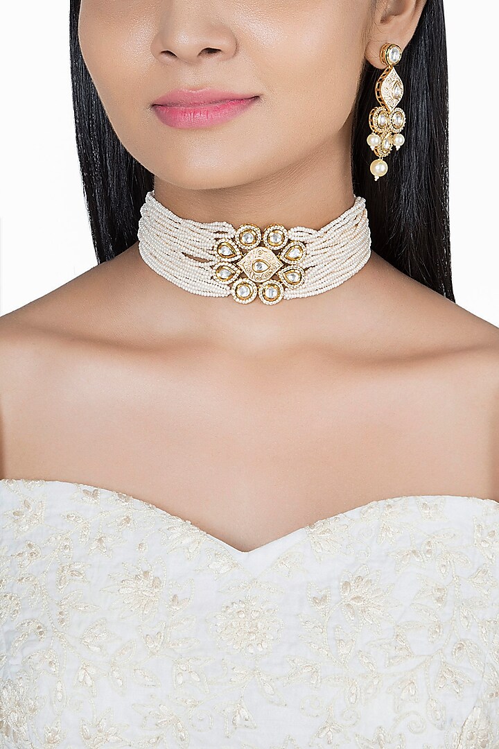 Gold Finish Zircon & Pearl Pink Enameled Choker Necklace Set by VASTRAA Jewellery