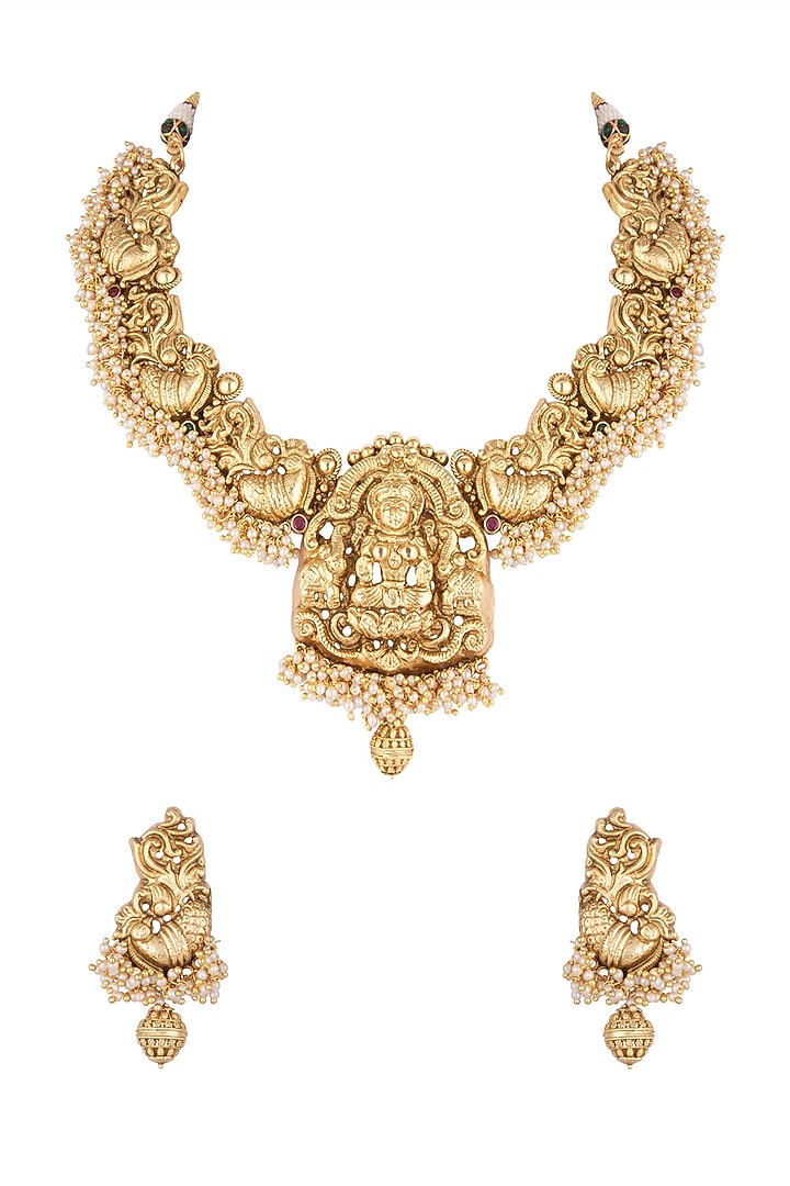 Gold Finish Faux Pearl Carved Temple Necklace Set by VASTRAA Jewellery at Pernia's Pop Up Shop