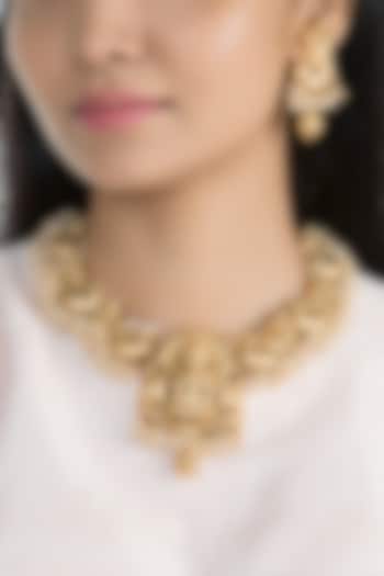 Gold Finish Faux Pearl Carved Temple Necklace Set by VASTRAA Jewellery