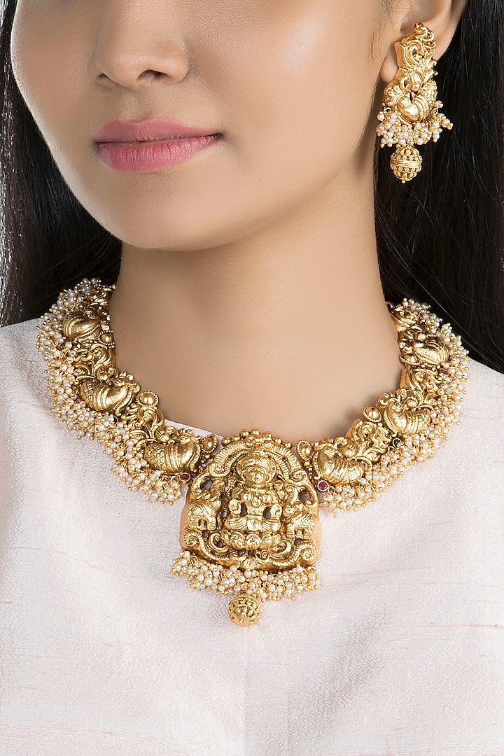 Gold Finish Faux Pearl Carved Temple Necklace Set by VASTRAA Jewellery