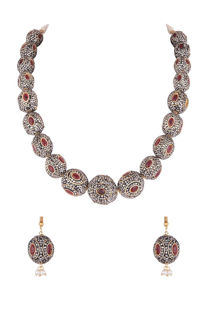 Gold Finish Red & Black Stone Mala Set by VASTRAA Jewellery at Pernia's Pop Up Shop