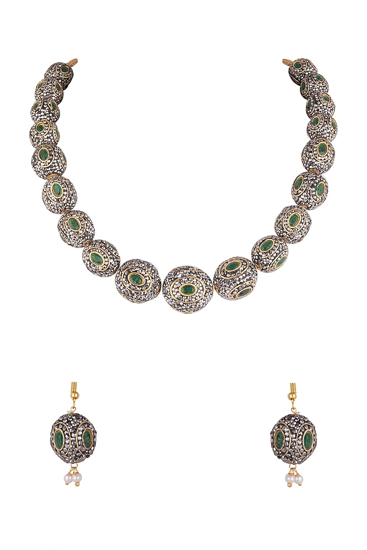 Gold Finish Green & Black Stone Mala Set by VASTRAA Jewellery at Pernia's Pop Up Shop