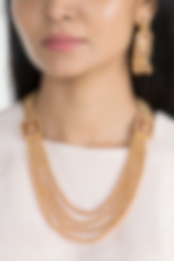 Gold Finish Pink Stone Layered Mala Necklace Set by VASTRAA Jewellery