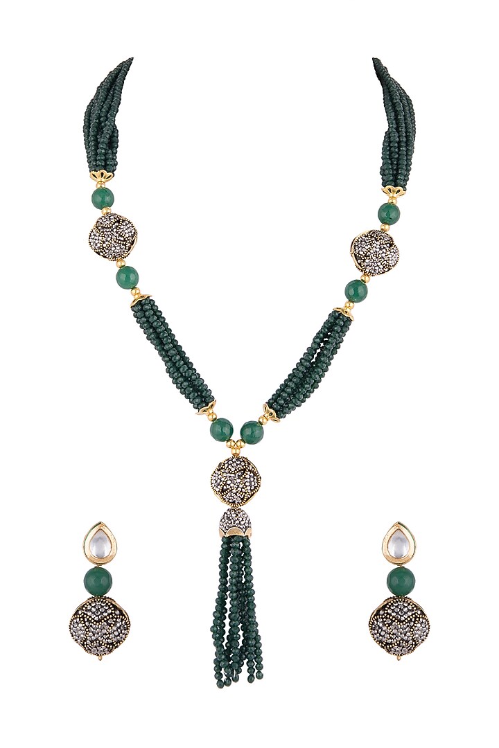 Gold Finish Black Stone & Green Beaded Mala Set by VASTRAA Jewellery at Pernia's Pop Up Shop