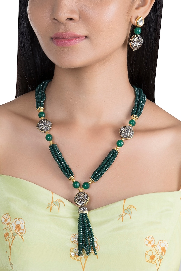 Gold Finish Black Stone & Green Beaded Mala Set by VASTRAA Jewellery at Pernia's Pop Up Shop