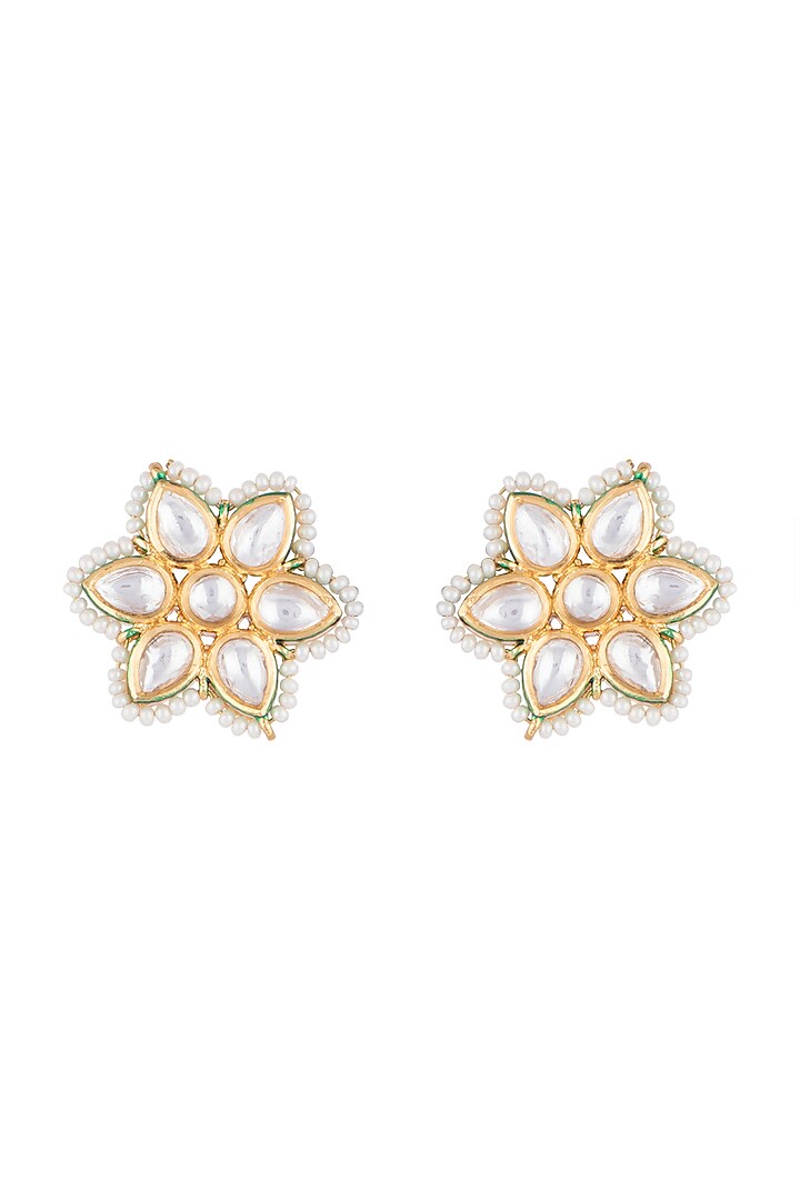 Gold Finish Kundan Polki & Faux Pearl Stud Earrings by VASTRAA Jewellery at Pernia's Pop Up Shop