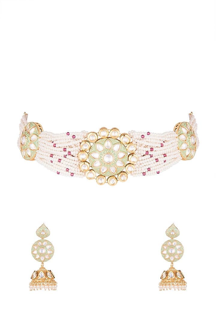 Gold Finish Kundan Polki & Faux Pearl Green Enameled Choker Necklace Set by VASTRAA Jewellery at Pernia's Pop Up Shop