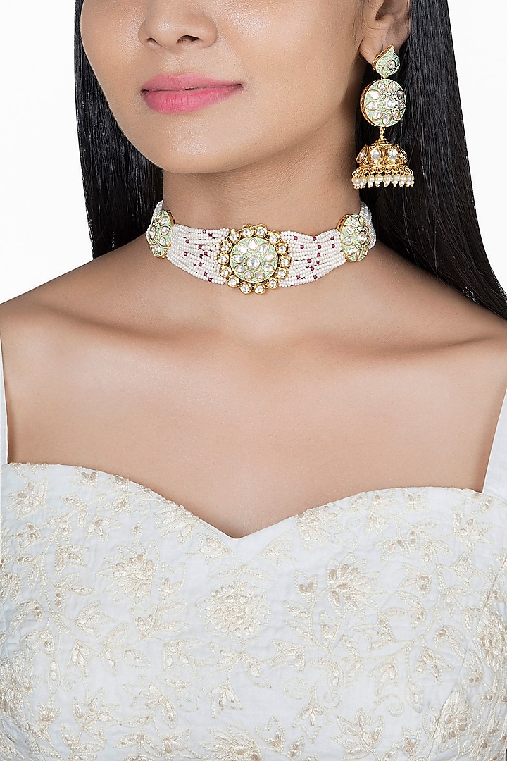 Gold Finish Kundan Polki & Faux Pearl Green Enameled Choker Necklace Set by VASTRAA Jewellery