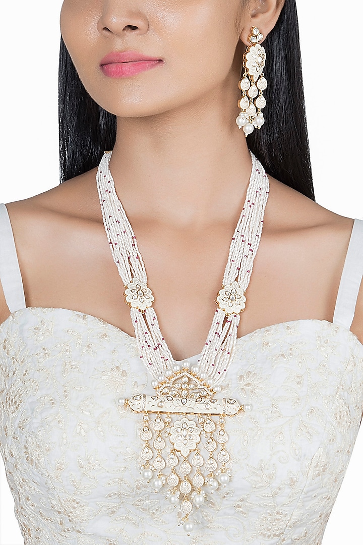 Gold Finish Kundan Polki & Faux Pearl Enameled Long Mala Set by VASTRAA Jewellery