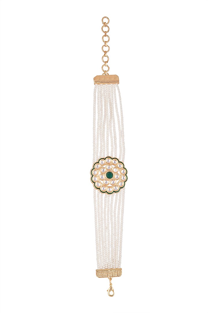 Gold Finish Faux Kundan Polki & Pearl Bracelets by VASTRAA Jewellery at Pernia's Pop Up Shop
