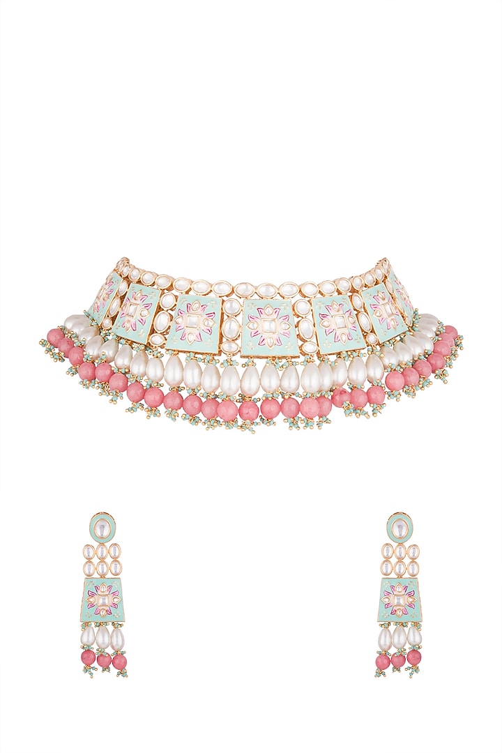 Gold Finish Kundan Polki & Faux Pearl Enameled Necklace Set by VASTRAA Jewellery at Pernia's Pop Up Shop