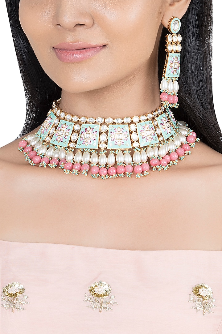 Gold Finish Kundan Polki & Faux Pearl Enameled Necklace Set by VASTRAA Jewellery