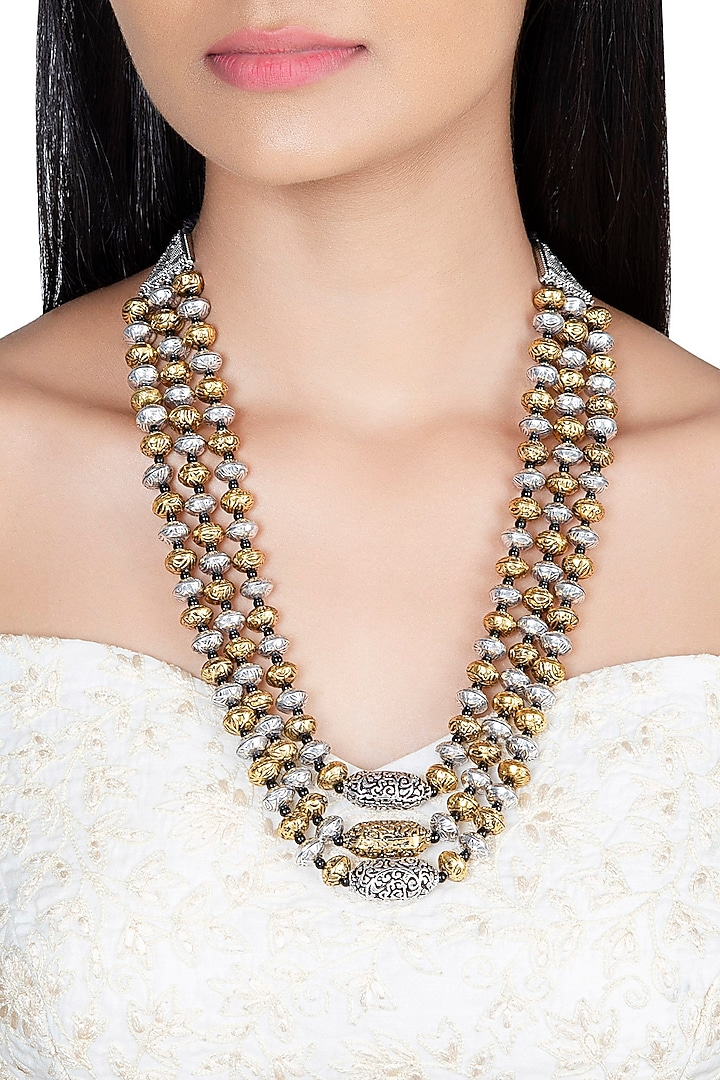 Two-Tone Finish Long Mala Necklace by VASTRAA Jewellery at Pernia's Pop Up Shop