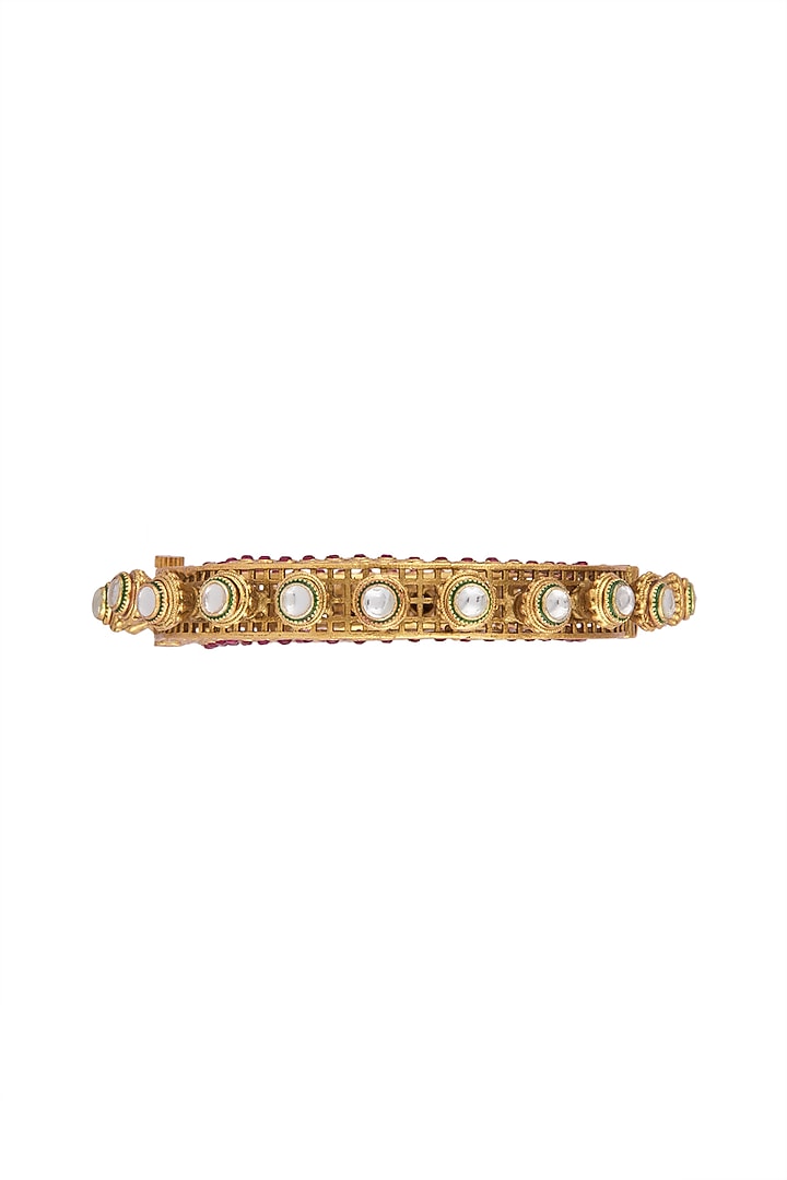 Gold Finish Red Enameled Antique Kundan Polki Bangle (Set of 2) by VASTRAA Jewellery at Pernia's Pop Up Shop