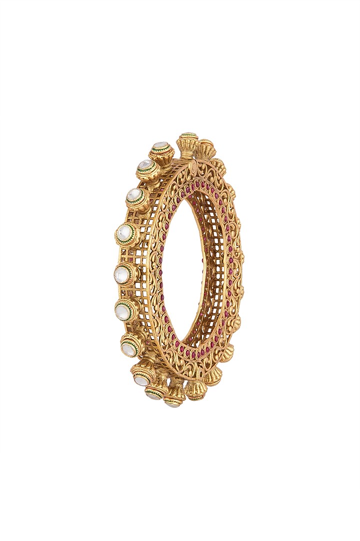 Gold Finish Red Enameled Antique Kundan Polki Bangle (Set of 2) by VASTRAA Jewellery at Pernia's Pop Up Shop