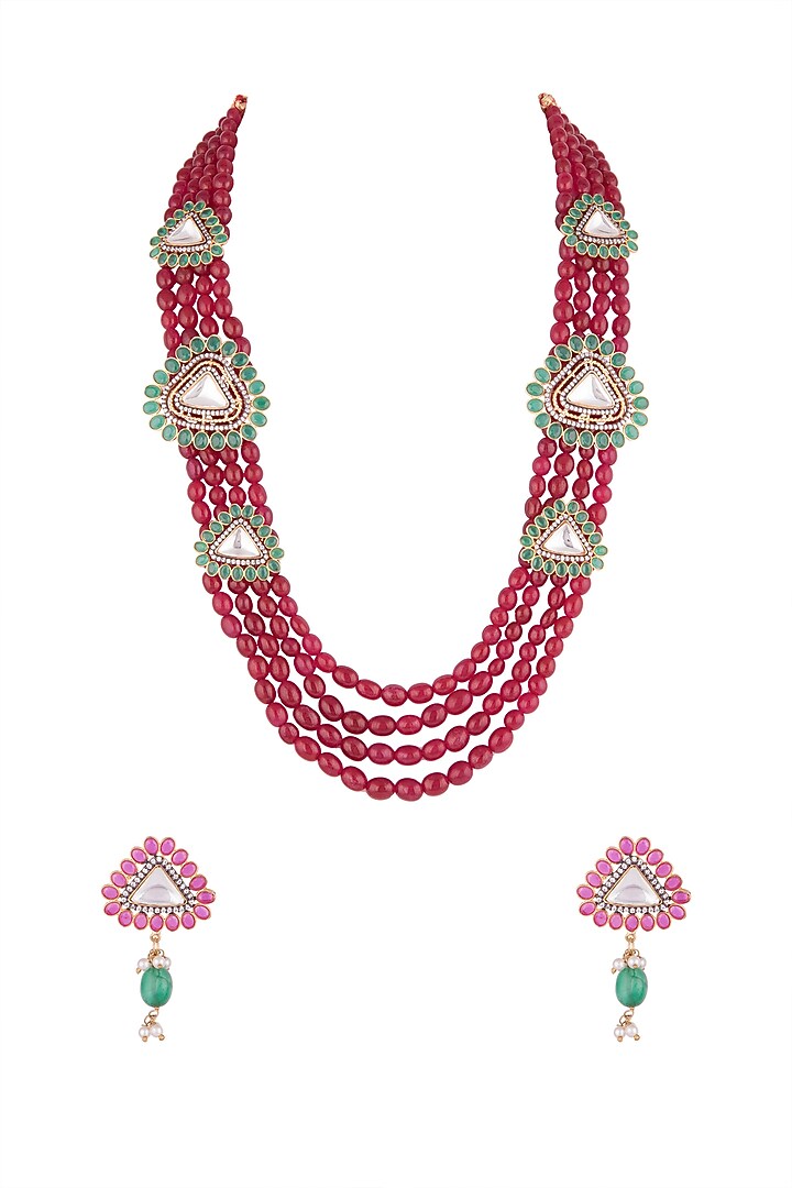 Gold Finish Faux Kundan Polki & Red Beaded Long Necklace Set by VASTRAA Jewellery at Pernia's Pop Up Shop
