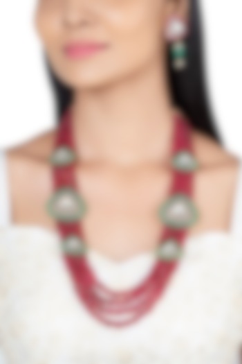 Gold Finish Faux Kundan Polki & Red Beaded Long Necklace Set by VASTRAA Jewellery