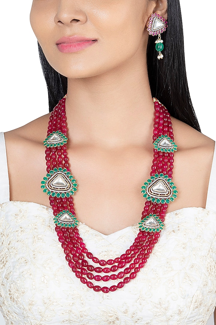 Gold Finish Faux Kundan Polki & Red Beaded Long Necklace Set by VASTRAA Jewellery