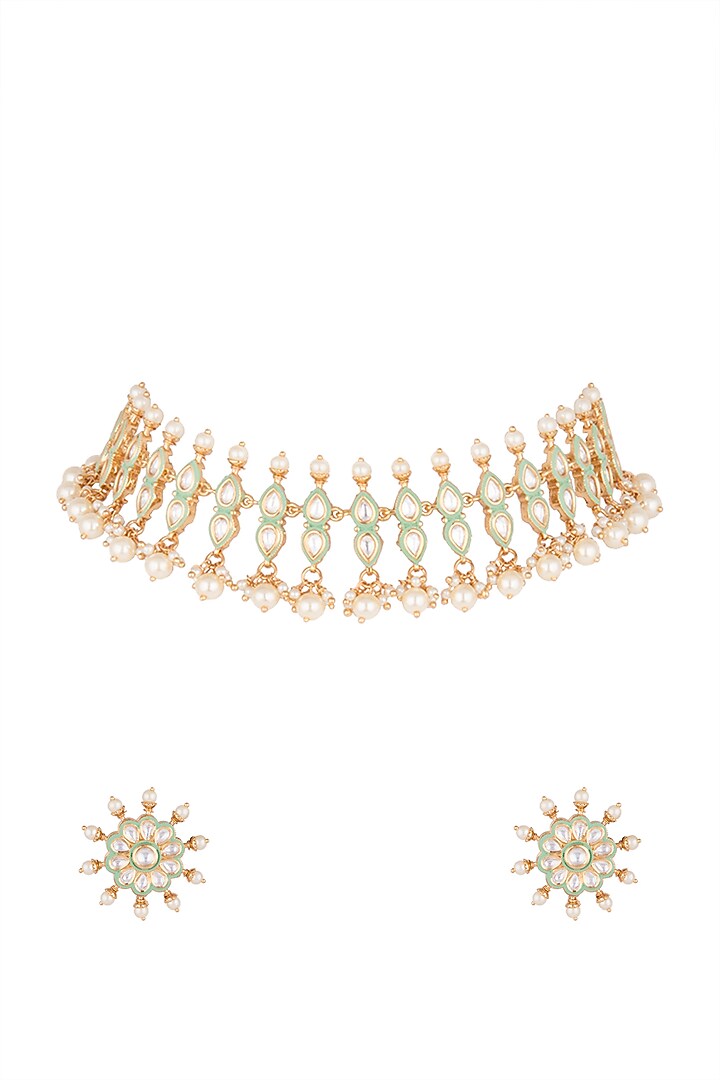 Gold Finish Faux Kundan Polki & Pearl Enameled Necklace Set by VASTRAA Jewellery at Pernia's Pop Up Shop