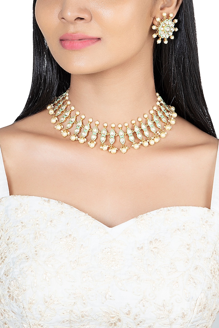 Gold Finish Faux Kundan Polki & Pearl Enameled Necklace Set by VASTRAA Jewellery