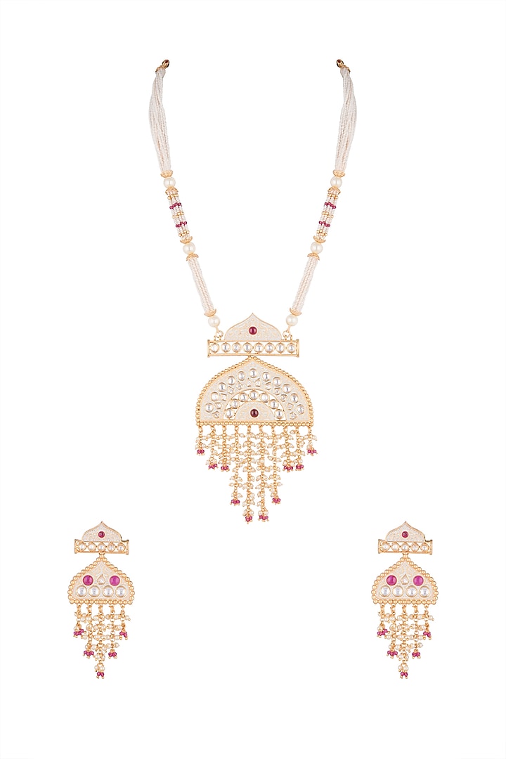 Gold Finish Kundan Polki & Red Stone Necklace Set by VASTRAA Jewellery at Pernia's Pop Up Shop
