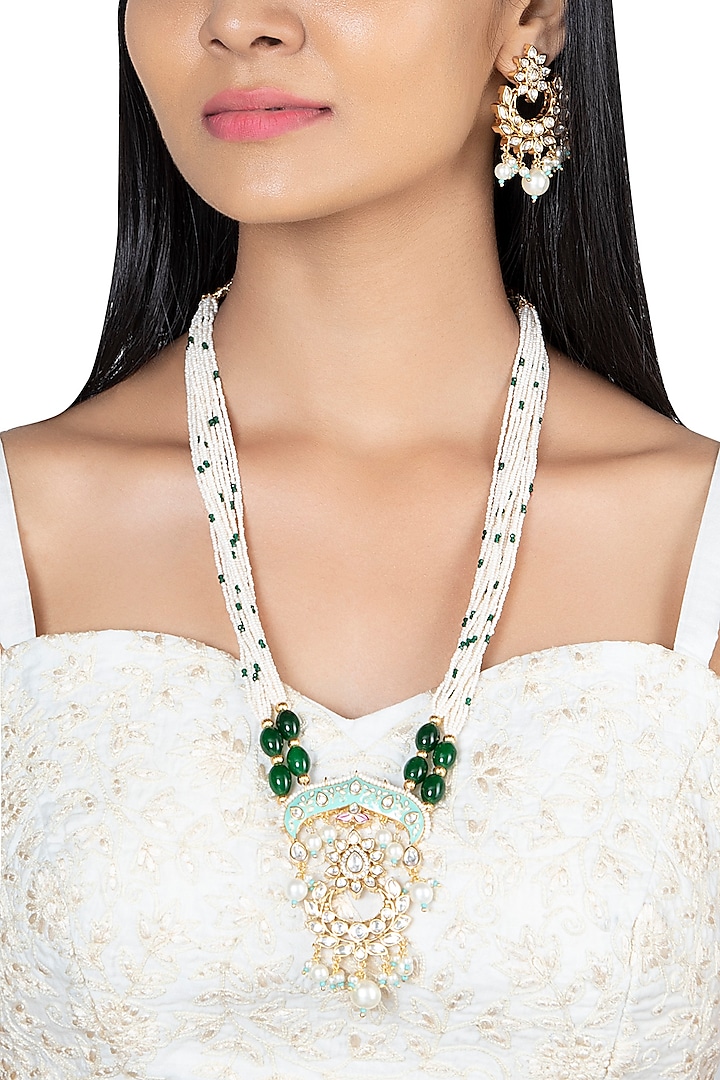 Gold Finish Kundan Polki & Green Stone Enameled Necklace Set by VASTRAA Jewellery