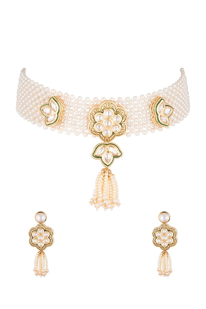 Gold Finish Faux Pearl & Kundan Polki Green Enameled Choker Necklace Set by VASTRAA Jewellery at Pernia's Pop Up Shop