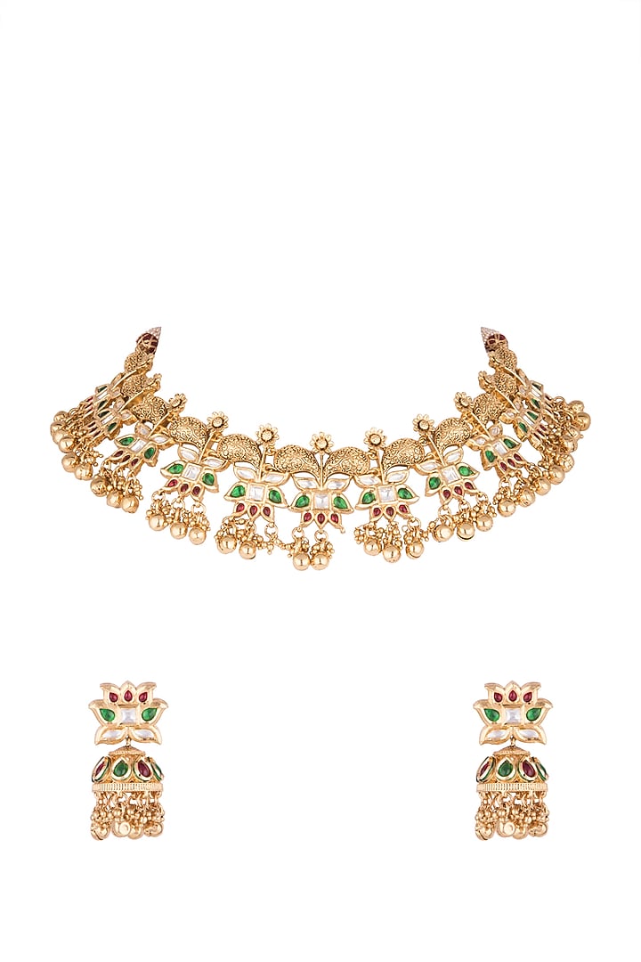 Gold Finish Kundan Polki Antique Necklace Set by VASTRAA Jewellery at Pernia's Pop Up Shop