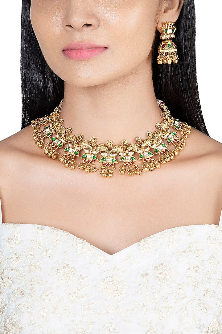 Gold Finish Kundan Polki Antique Necklace Set by VASTRAA Jewellery