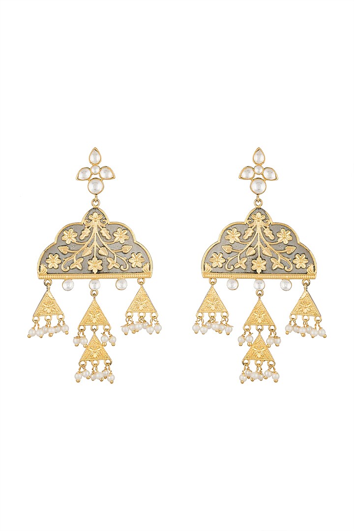 Gold Finish Faux Kundan Polki & Pearl Black Earrings by VASTRAA Jewellery at Pernia's Pop Up Shop