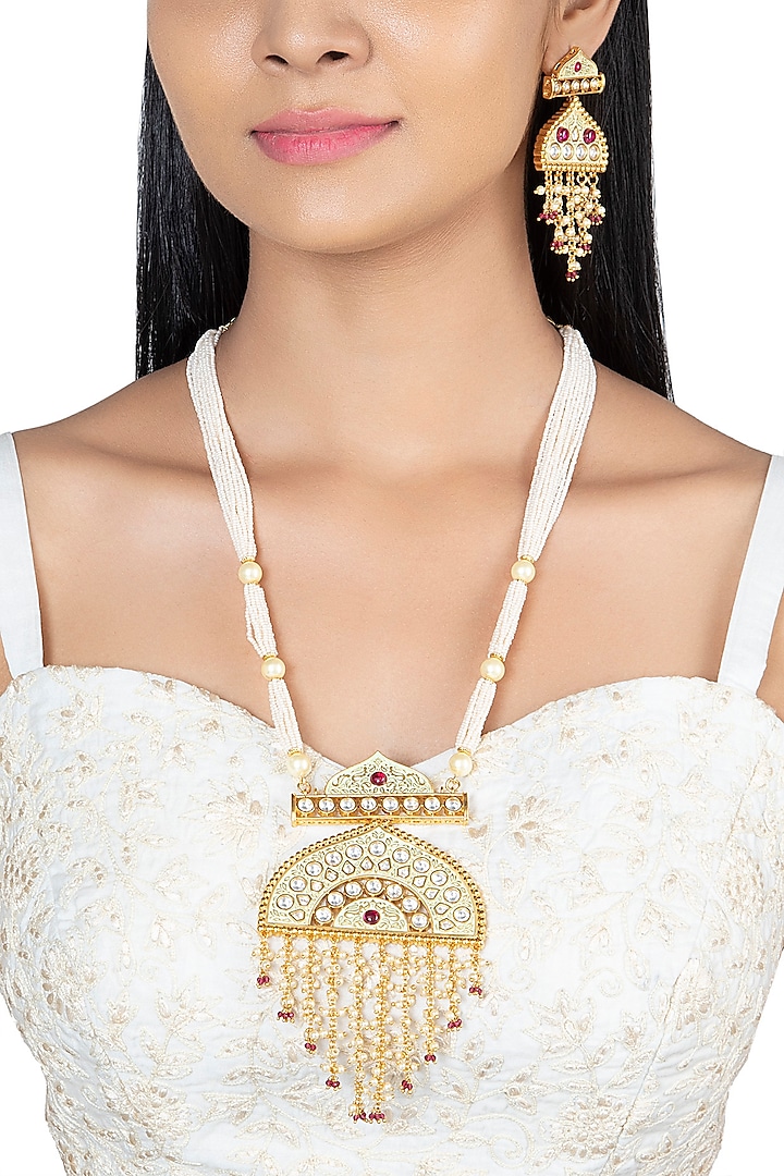 Gold Finish Faux Kundan Polki & Red Stone Long Necklace Set by VASTRAA Jewellery