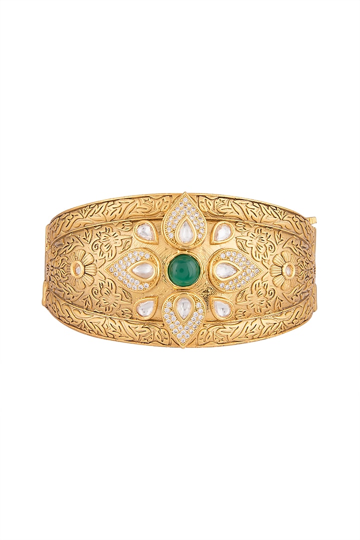 Gold Finish Zircon & Kundan Polki Openable Kada Bracelets by VASTRAA Jewellery at Pernia's Pop Up Shop