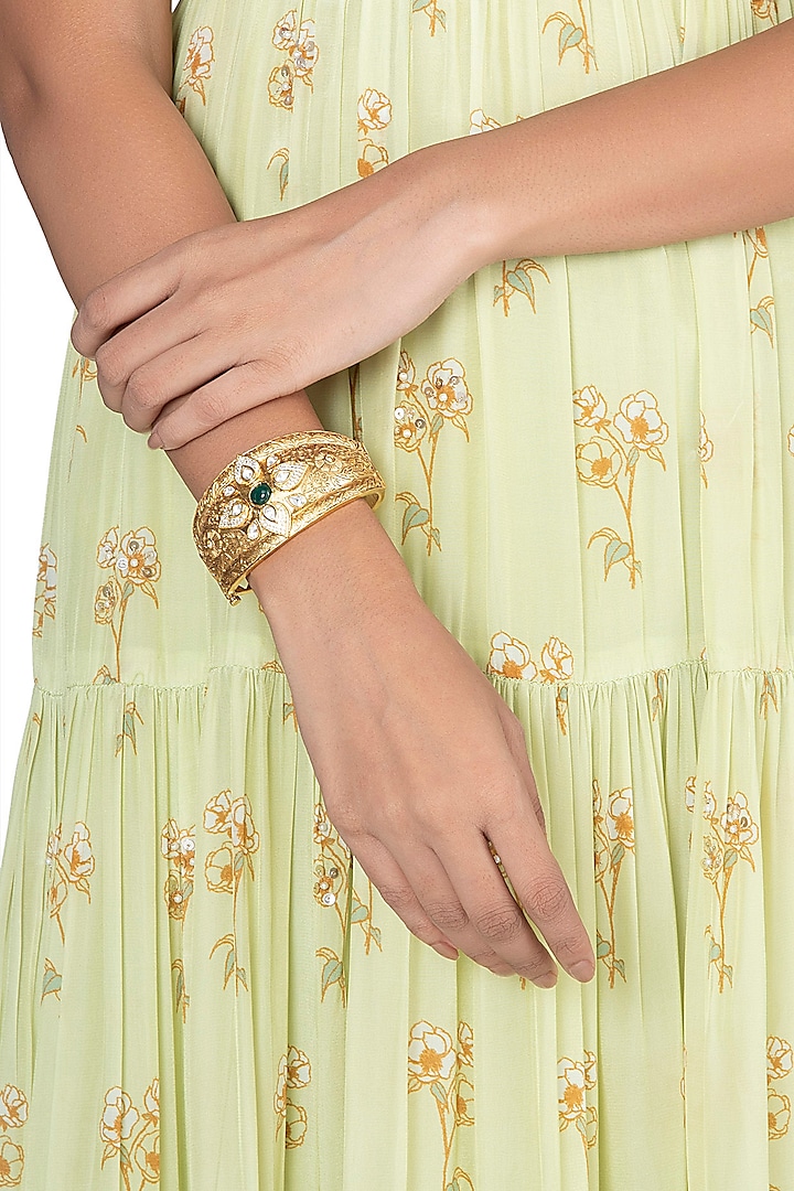 Gold Finish Zircon & Kundan Polki Openable Kada Bracelets by VASTRAA Jewellery