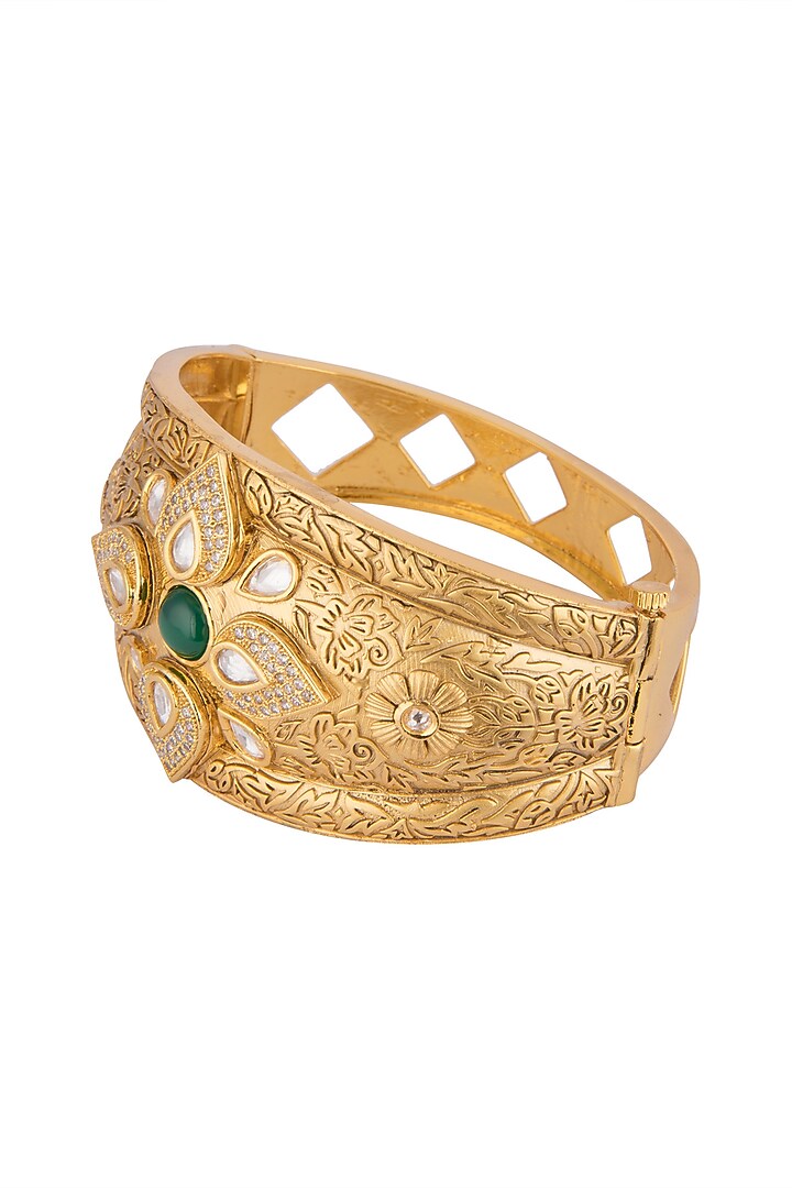 Gold Finish Zircon & Kundan Polki Openable Kada Bracelets by VASTRAA Jewellery at Pernia's Pop Up Shop