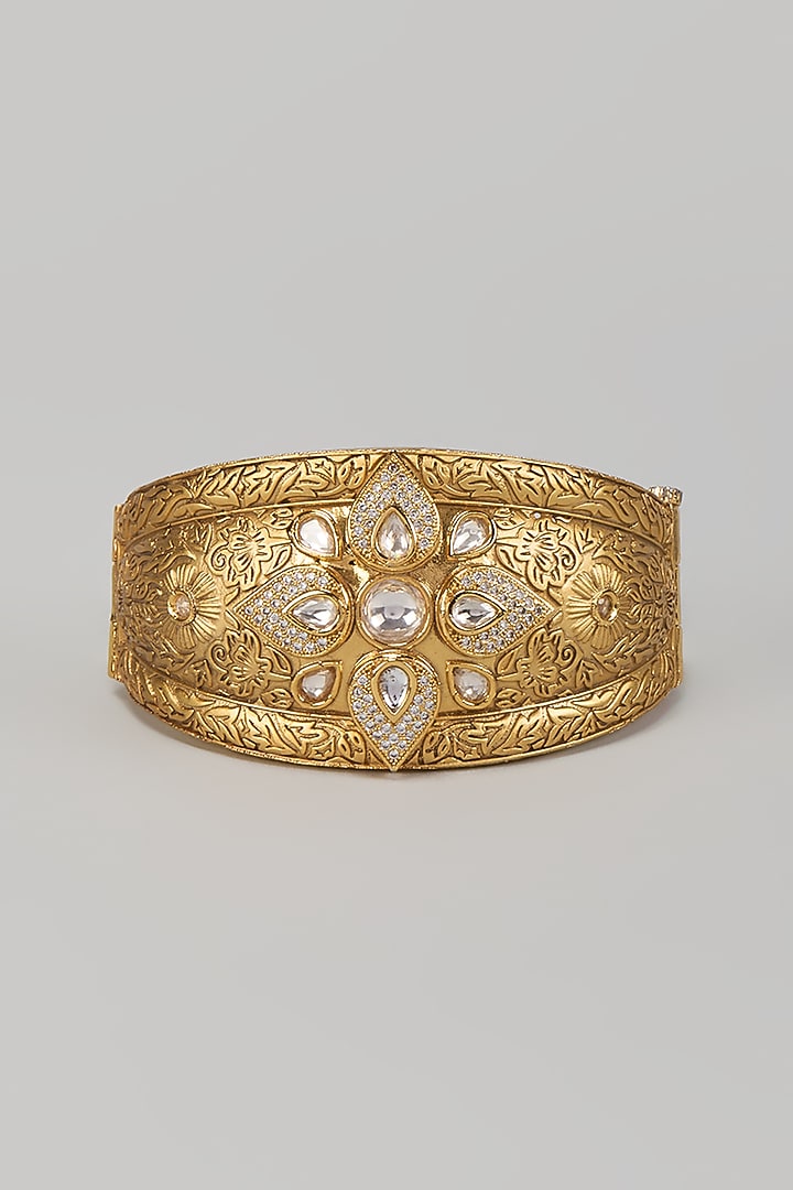 Gold Finish Kundan Polki Openable Bracelet by VASTRAA Jewellery at Pernia's Pop Up Shop