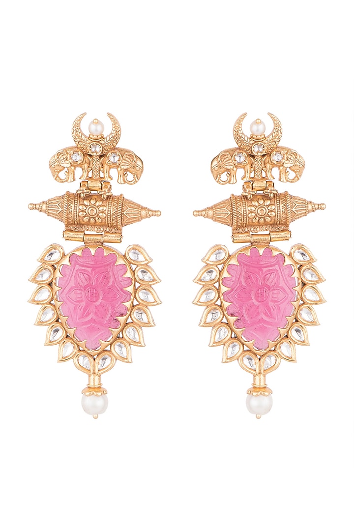Gold Finish Kundan Polki & Faux Pearl Antique Earrings by VASTRAA Jewellery at Pernia's Pop Up Shop