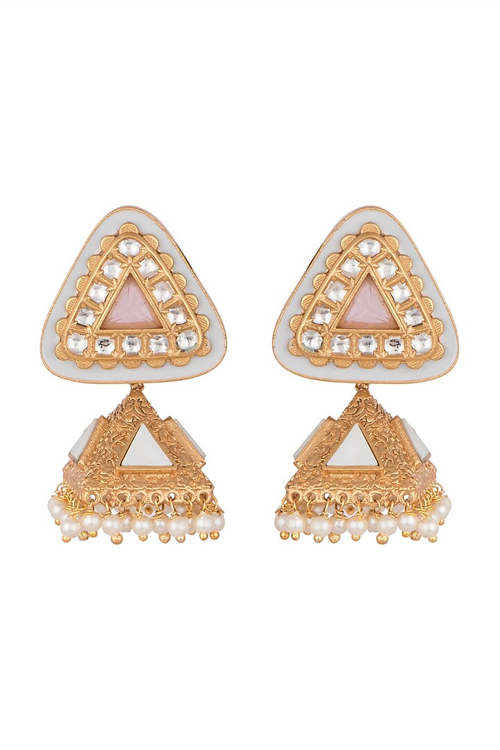 Gold Finish Kundan Polki & Pink Stone Enameled Jhumka Earrings by VASTRAA Jewellery at Pernia's Pop Up Shop