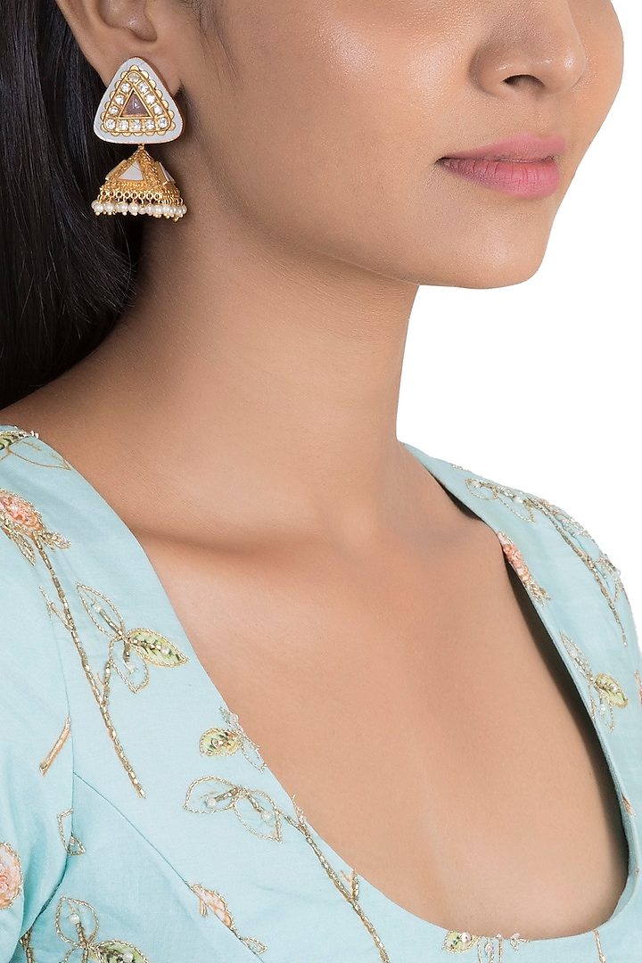 Gold Finish Kundan Polki & Pink Stone Enameled Jhumka Earrings by VASTRAA Jewellery