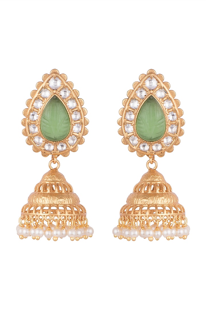 Gold Finish Kundan Polki & Faux Pearl Jhumka Earrings by VASTRAA Jewellery at Pernia's Pop Up Shop