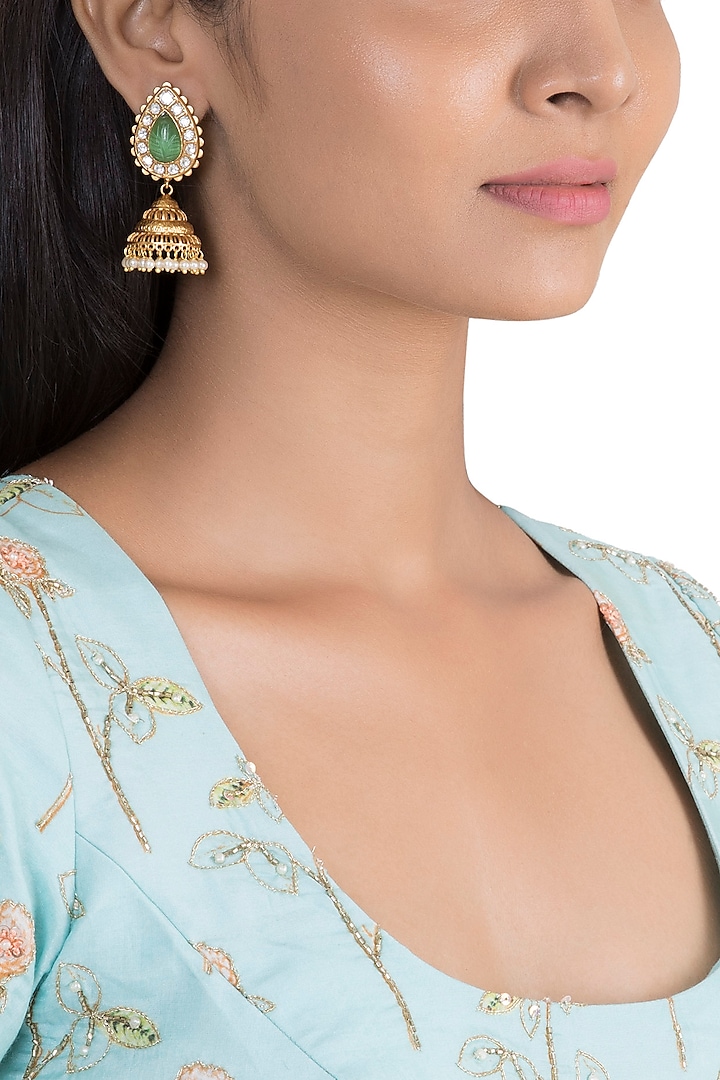 Gold Finish Kundan Polki & Faux Pearl Jhumka Earrings by VASTRAA Jewellery