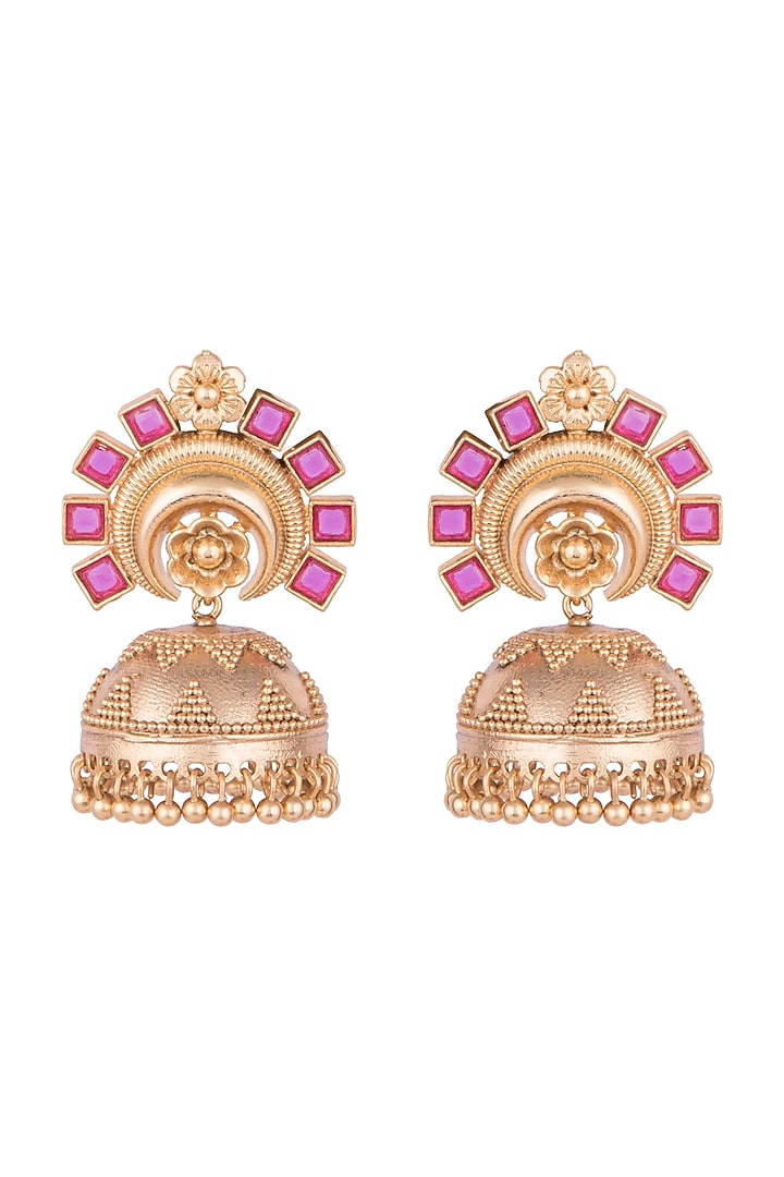 Gold Finish Pink Stone Jhumka Earrings by VASTRAA Jewellery at Pernia's Pop Up Shop