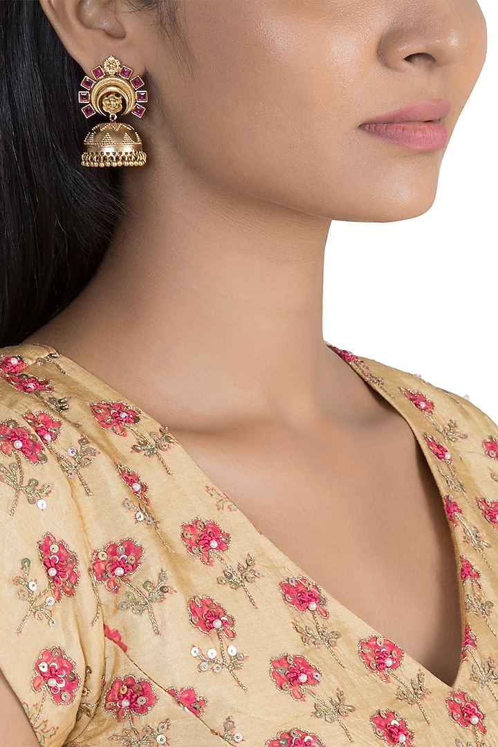 Gold Finish Pink Stone Jhumka Earrings by VASTRAA Jewellery