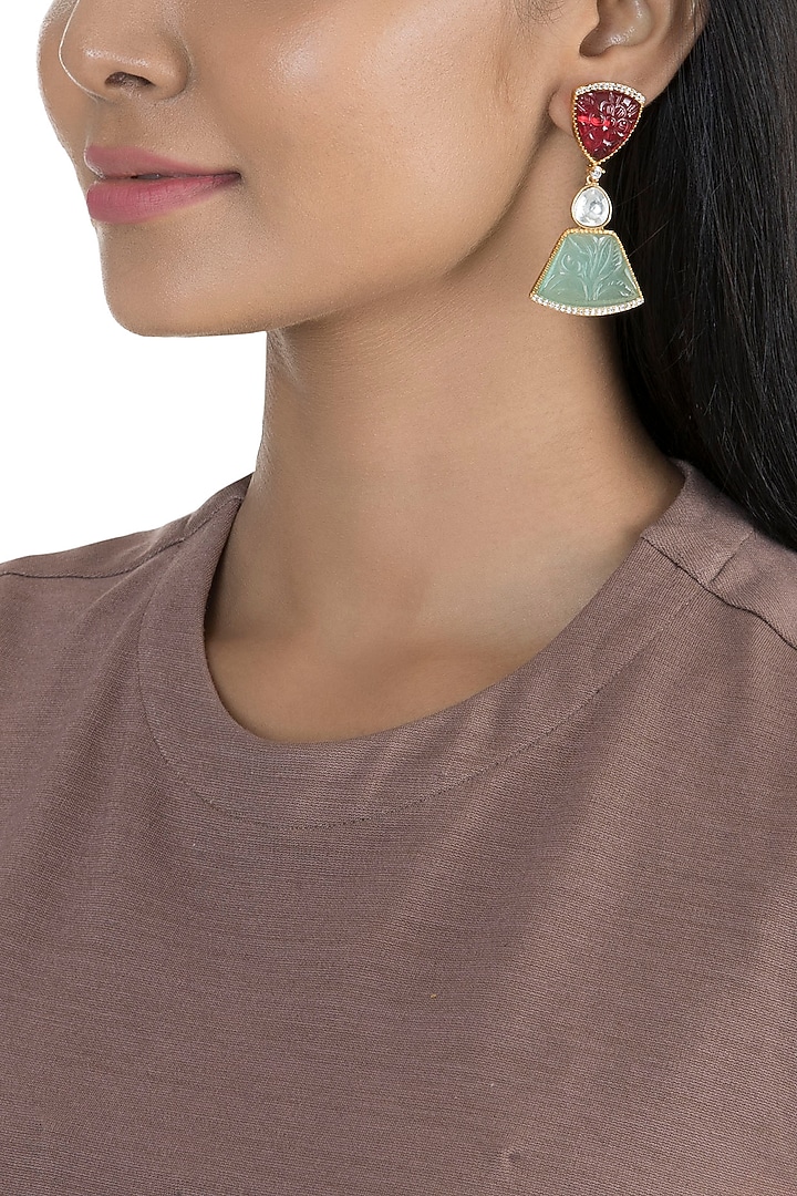 Gold Finish Kundan Polki & Zircon Earrings by VASTRAA Jewellery at Pernia's Pop Up Shop