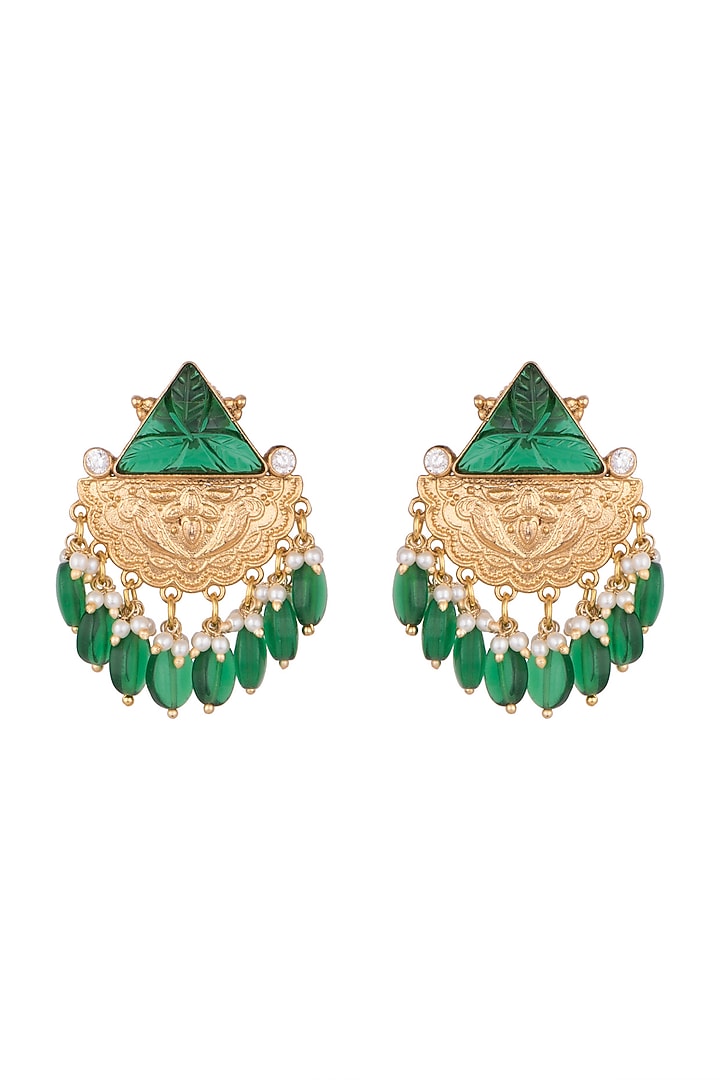 Gold Finish Green Stone & Pearl Drop Earrings by VASTRAA Jewellery at Pernia's Pop Up Shop