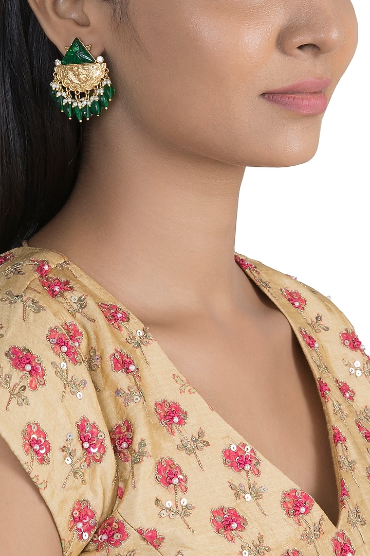 Gold Finish Green Stone & Pearl Drop Earrings by VASTRAA Jewellery at Pernia's Pop Up Shop