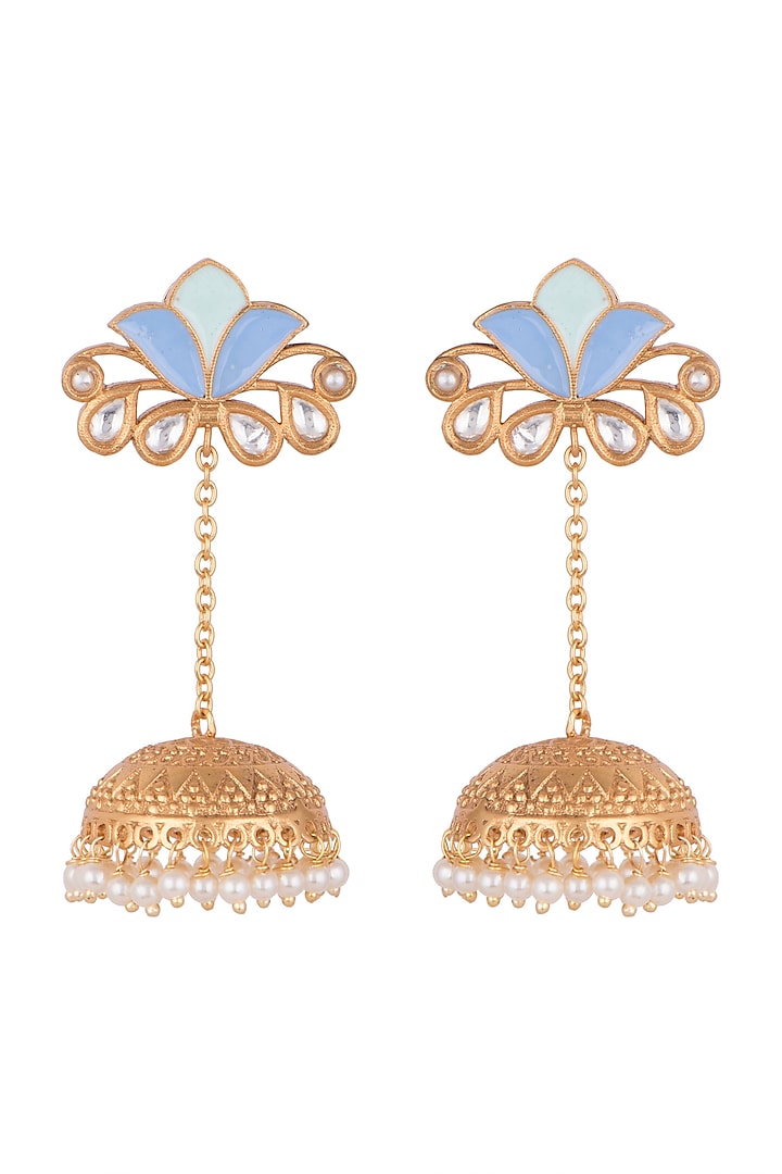 Gold Finish Kundan Polki & Faux Pearl Enameled Jhumka Earrings by VASTRAA Jewellery at Pernia's Pop Up Shop