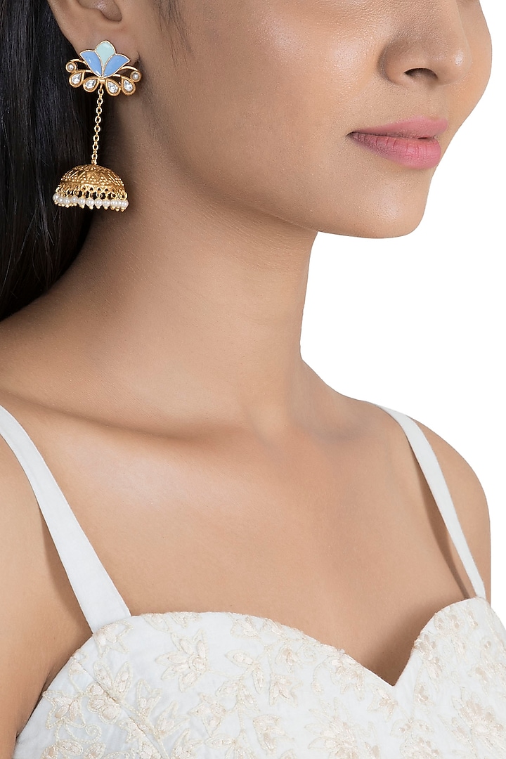 Gold Finish Kundan Polki & Faux Pearl Enameled Jhumka Earrings by VASTRAA Jewellery at Pernia's Pop Up Shop