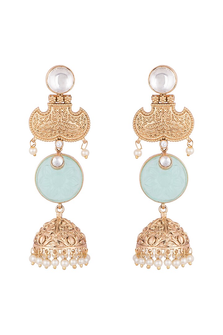 Gold Finish Blue Stone & Kundan Polki Long Jhumka Earrings by VASTRAA Jewellery at Pernia's Pop Up Shop