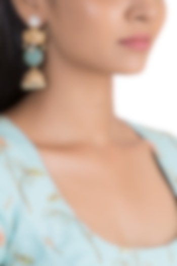 Gold Finish Blue Stone & Kundan Polki Long Jhumka Earrings by VASTRAA Jewellery at Pernia's Pop Up Shop