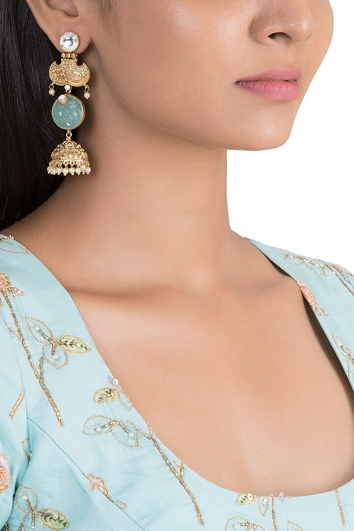 Gold Finish Blue Stone & Kundan Polki Long Jhumka Earrings by VASTRAA Jewellery at Pernia's Pop Up Shop